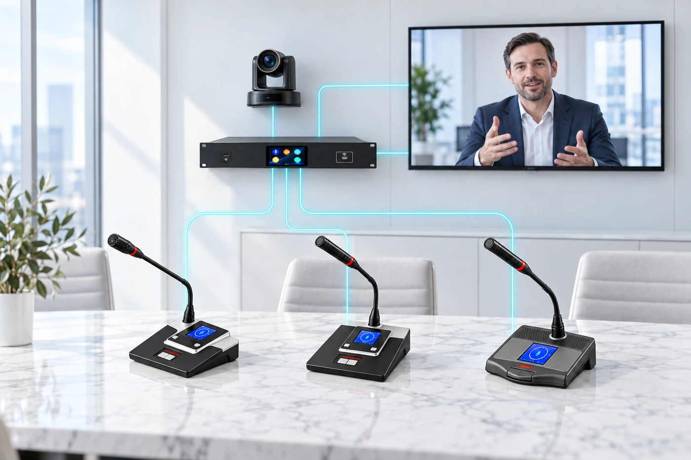 Illustrative camera tracking and AV integration with conference devices